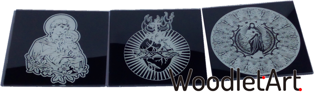 Laserové gravírování na černém skle s motivy křesťanského náboženství